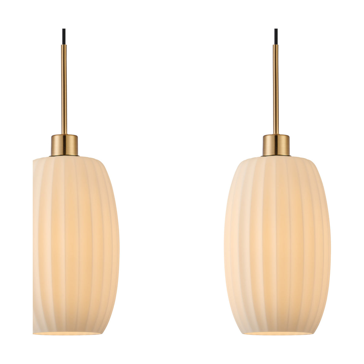 Lori 3 Light Ribbed Opal Linear Glass Pendant in antique gold, showing two ribbed tubular opal glass shades on slim brass-toned rods against a plain white background.
