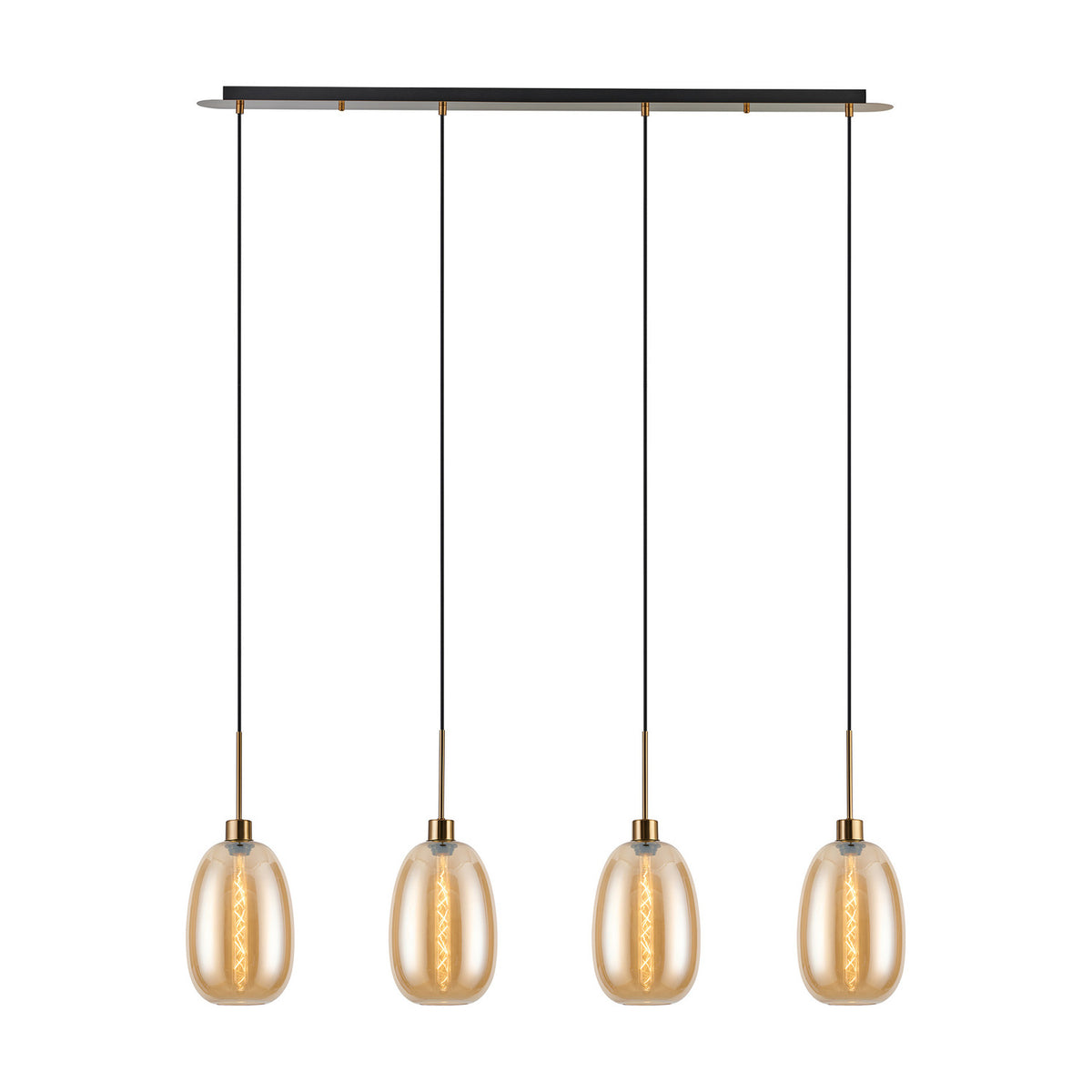 4 Light Linear Amber Glass Pendant Light, 1.2m black bar with antique gold hardware and four elongated amber glass shades on cords, shown on a white background.