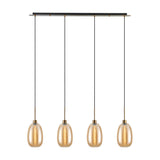 4 Light Linear Amber Glass Pendant Light, 1.2m black bar with antique gold hardware and four elongated amber glass shades on cords, shown on a white background.