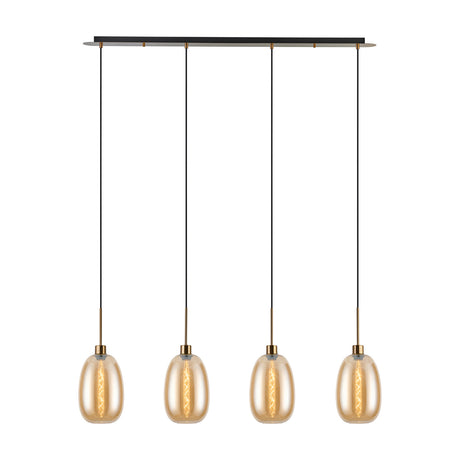 4 Light Linear Amber Glass Pendant Light, 1.2m black bar with antique gold hardware and four elongated amber glass shades on cords, shown on a white background.