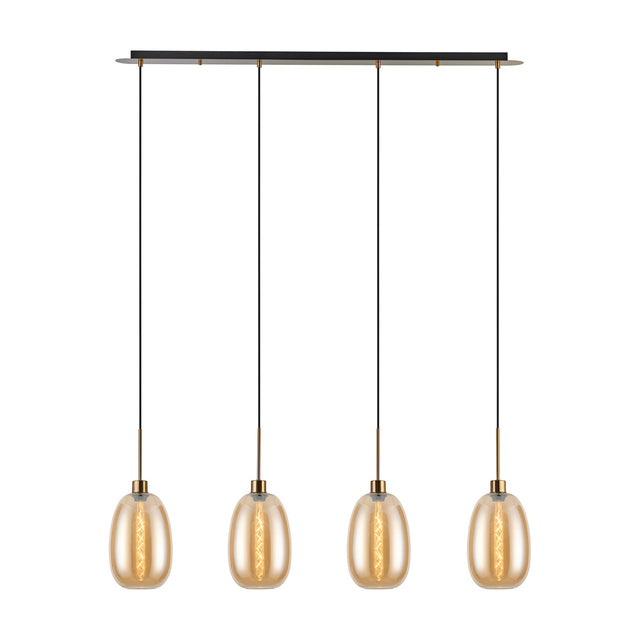 4 Light Linear Amber Glass Pendant Light, 1.2m black bar with antique gold hardware and four elongated amber glass shades on cords, shown on a white background.