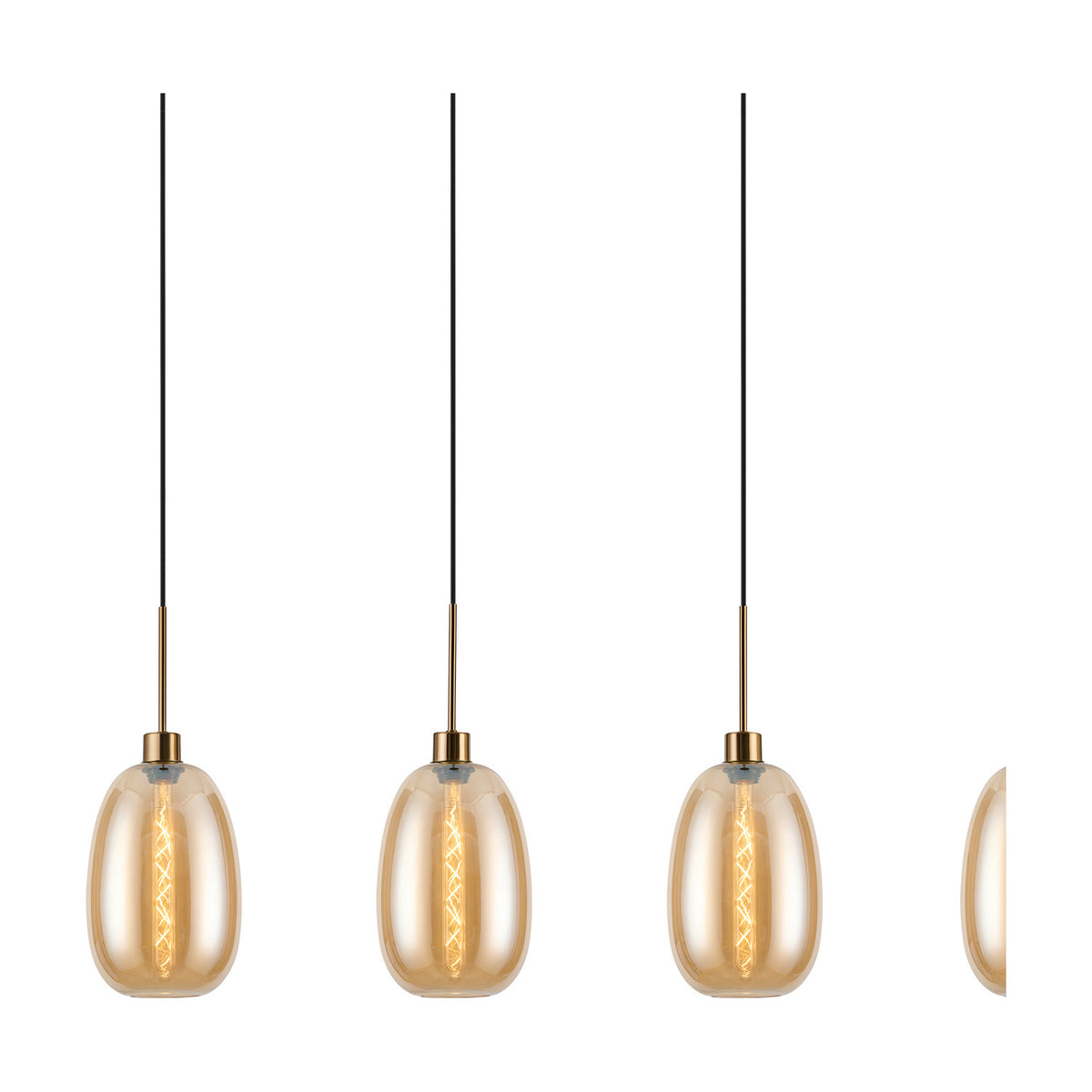 4 Light Linear Amber Glass Pendant Light, 1.2m antique gold bar with slim curved amber glass shades on black cords, lit bulbs visible, plain white background.