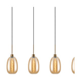4 Light Linear Amber Glass Pendant Light, 1.2m antique gold bar with slim curved amber glass shades on black cords, lit bulbs visible, plain white background.