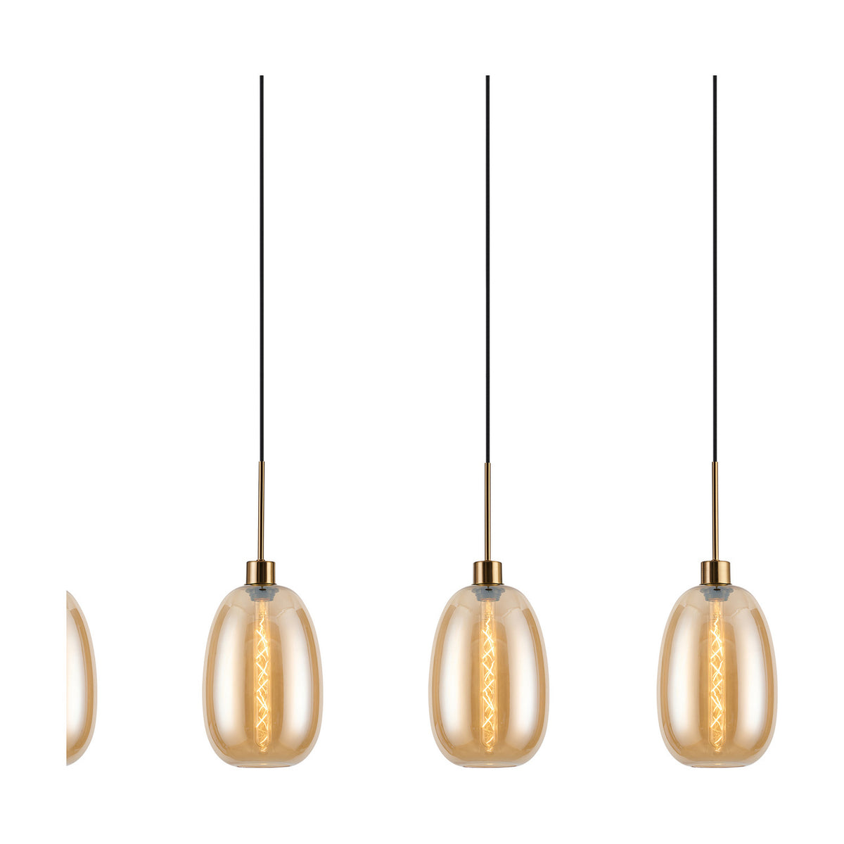 4 Light Linear Amber Glass Pendant Light in antique gold, showing oval-shaded glass globes with visible filament bulbs on black cords, set against a white background.