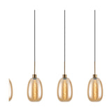 4 Light Linear Amber Glass Pendant Light in antique gold, showing oval-shaded glass globes with visible filament bulbs on black cords, set against a white background.