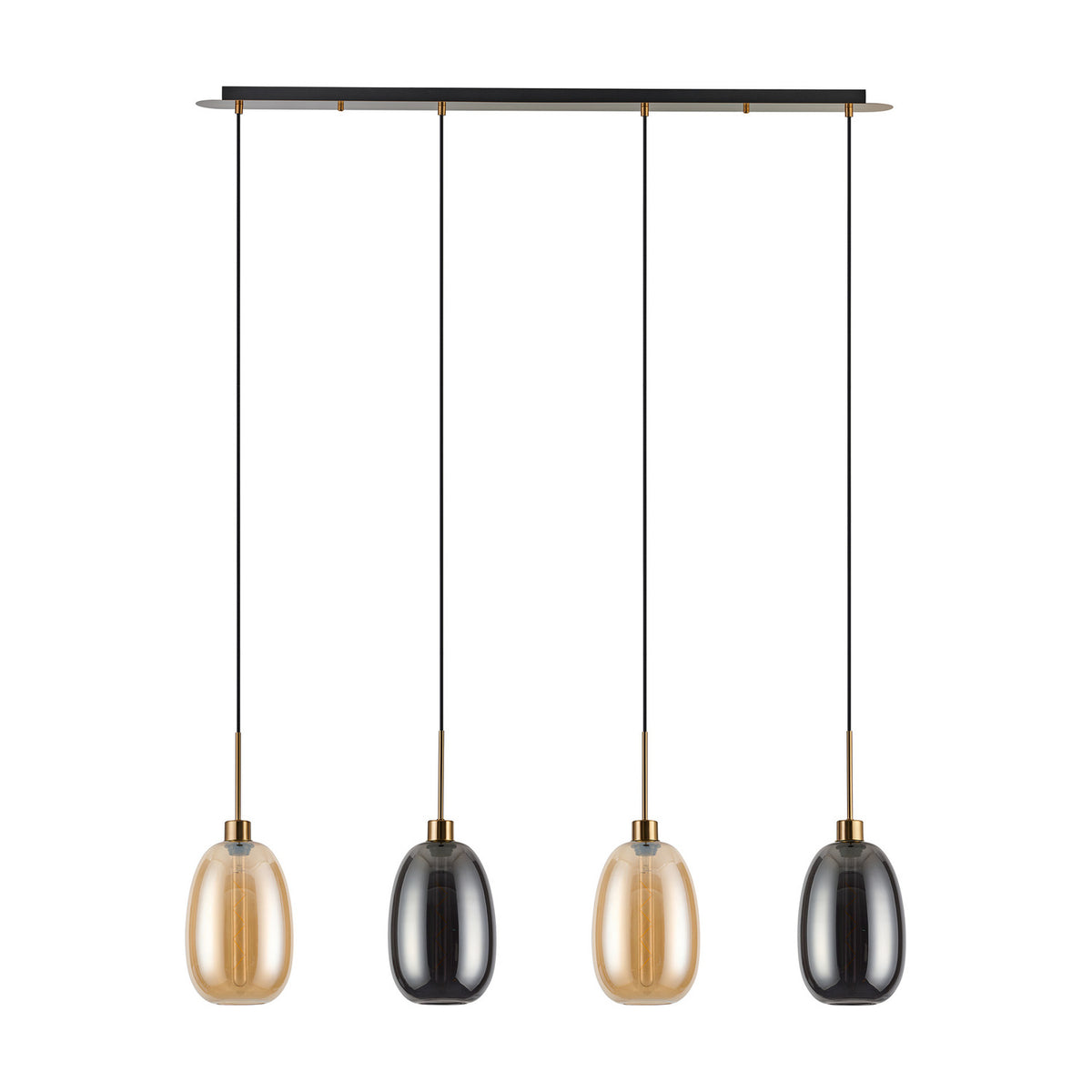Lori 4 Light Pendant with elongated oval amber and smoke glass shades on antique gold fittings, suspended at varying heights from a black linear ceiling bar, shown on a plain white background.