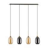 Lori 4 Light Pendant with elongated oval amber and smoke glass shades on antique gold fittings, suspended at varying heights from a black linear ceiling bar, shown on a plain white background.