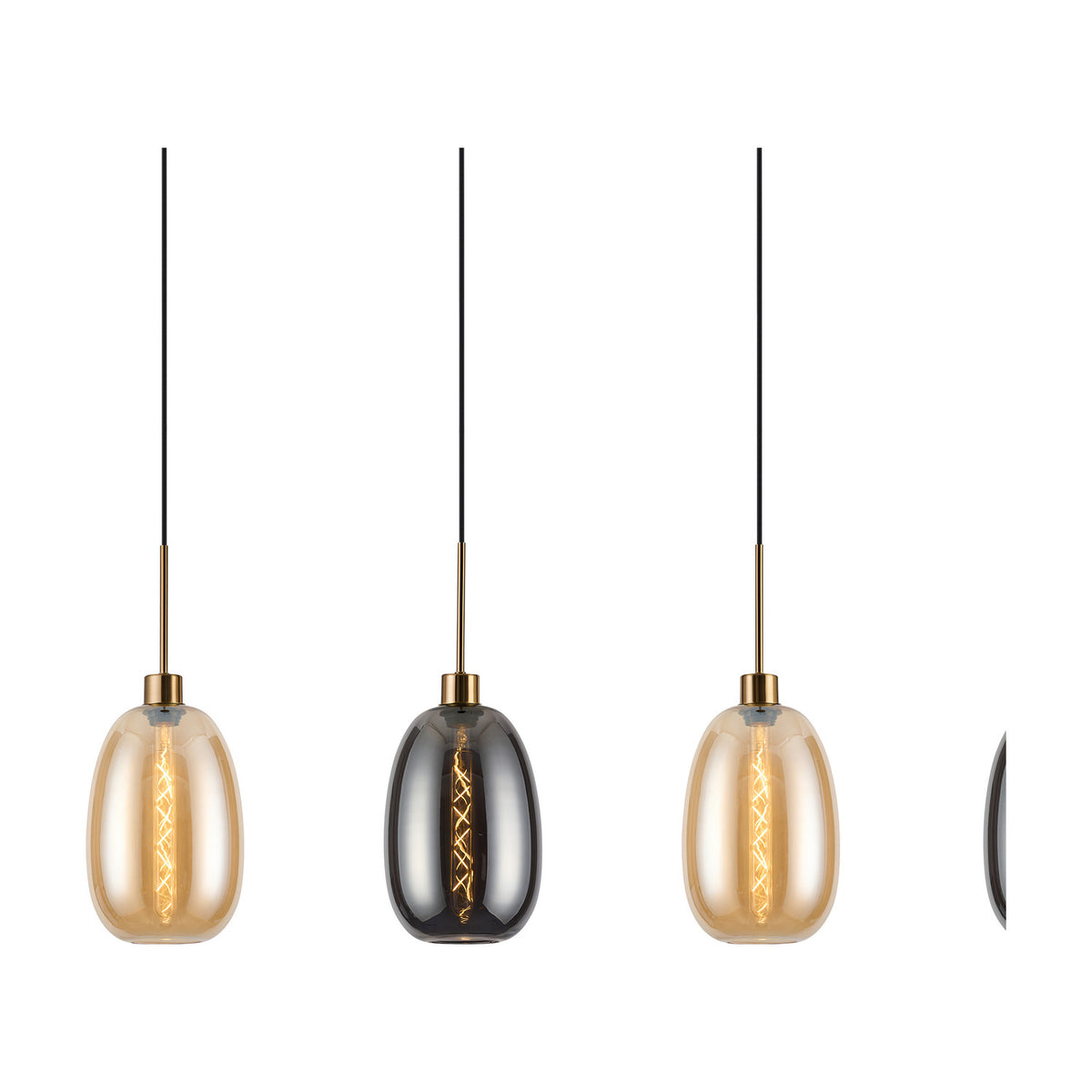 Lori 4 Light Pendant with slim curved amber and smoke glass shades on antique gold cords and fittings, shown against a plain white background.