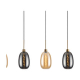 Lori 4 Light Pendant with three visible glass shades in smoke and amber tones on antique gold fittings and black cables, shown against a plain white background.