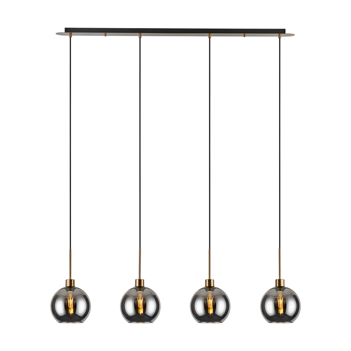 Lori 4 Light E27 pendant light with a slim 1.2m antique gold bar suspending four smoke glass globe shades on black cords, shown on a plain white background.