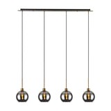 Lori 4 Light E27 pendant light with a slim 1.2m antique gold bar suspending four smoke glass globe shades on black cords, shown on a plain white background.
