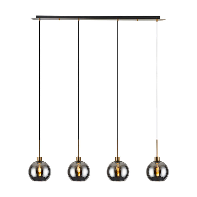 Lori 4 Light E27 pendant light with a slim 1.2m antique gold bar suspending four smoke glass globe shades on black cords, shown on a plain white background.