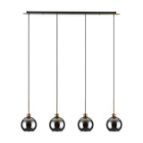 Lori 4 Light E27 pendant light with a 1.2m antique gold bar suspending four round smoke glass globes on black cords, shown against a plain white background.