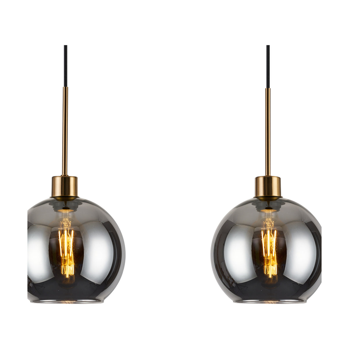 Lori 4 Light E27 pendant light with smoke glass globe shades on slim antique gold rods, showing two lit fittings against a plain white background.