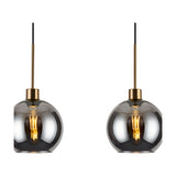 Lori 4 Light E27 pendant light with smoke glass globe shades on slim antique gold rods, showing two lit fittings against a plain white background.