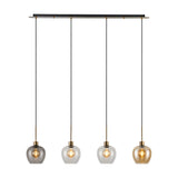 4 Light Pendant with slim black and antique gold bar, glass wine-shaped shades in smoke, clear and amber tones with exposed bulbs, on a plain white background.