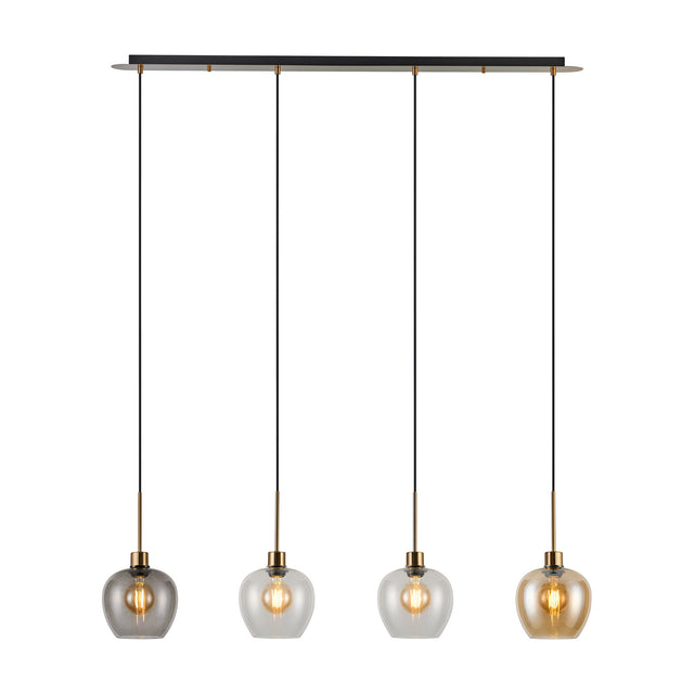 4 Light Pendant with slim black and antique gold bar, glass wine-shaped shades in smoke, clear and amber tones with exposed bulbs, on a plain white background.