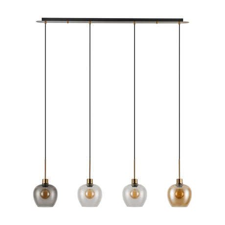 4-light pendant with a slim black and antique gold bar, suspending four wine-shaped glass shades in smoke, clear and amber tones on gold hardware, shown on a white background.