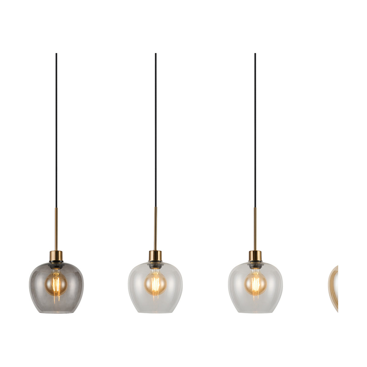 4 Light Pendant with wine-shaped glass shades in smoke, clear and amber tones on slim antique gold rods, shown on a plain white background.