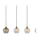 4 Light Pendant with wine-shaped glass shades in smoke, clear and amber tones on slim antique gold rods, shown on a plain white background.