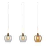 Pendant light with three wine-shaped glass shades shown in clear and amber tones on slim antique gold drop rods with exposed E27 bulbs, set against a plain white background.