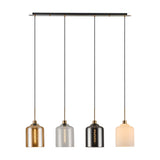 4 Light Pendant with antique gold finish, black ceiling bar, and four cylindrical glass shades in amber, clear, smoke, and opal, shown on a plain white background.