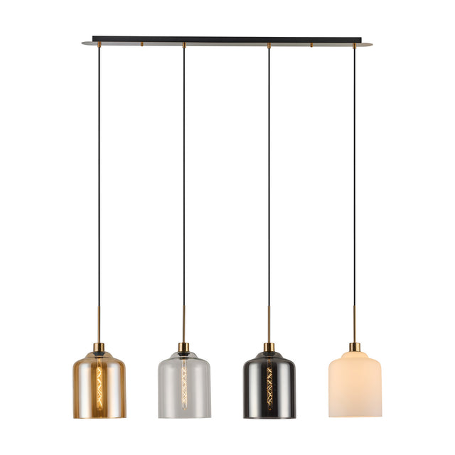 4 Light Pendant with antique gold finish, black ceiling bar, and four cylindrical glass shades in amber, clear, smoke, and opal, shown on a plain white background.