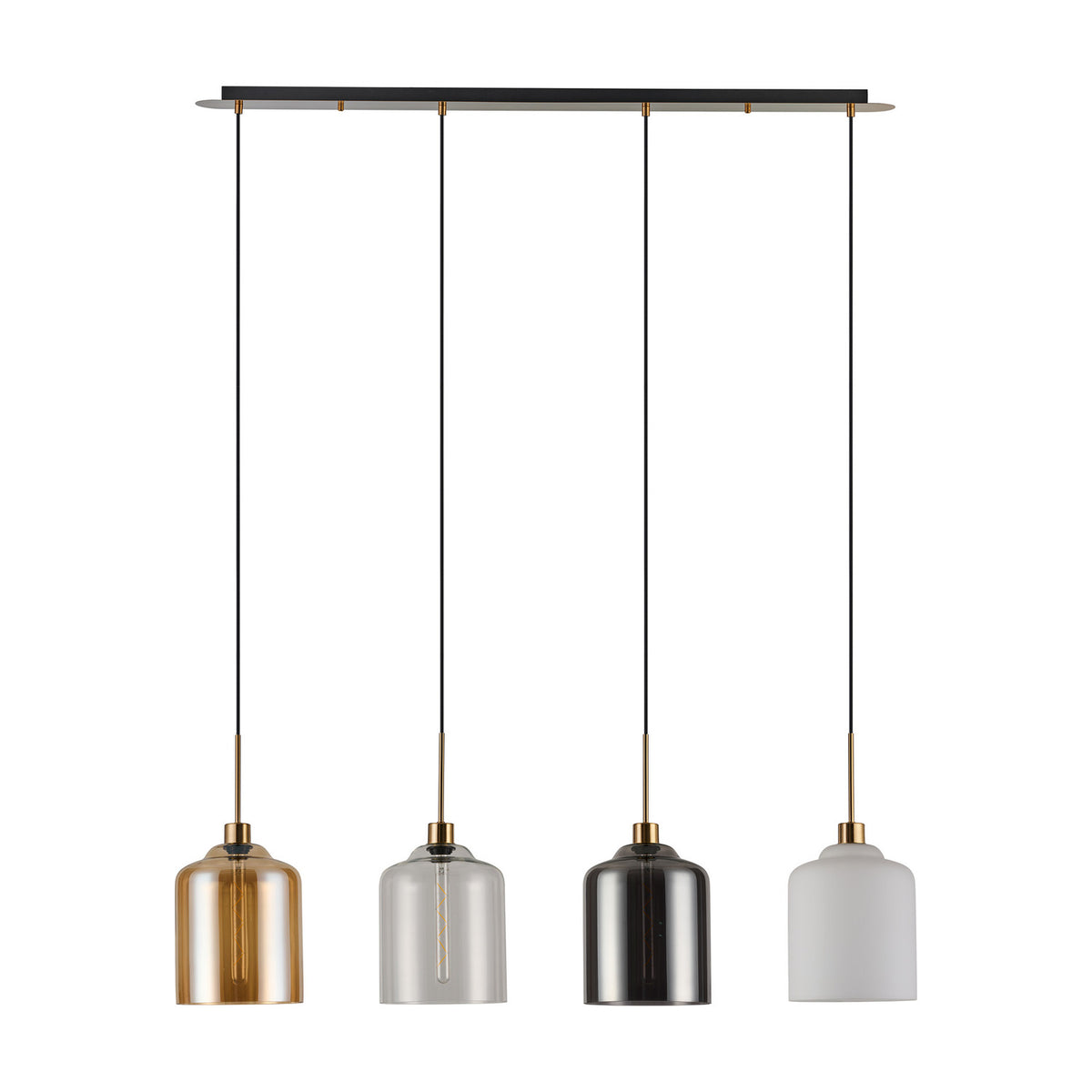 4-light pendant with a slim black bar and antique gold fittings, featuring amber, clear, smoke, and opal glass cylinder shades on a plain white background.