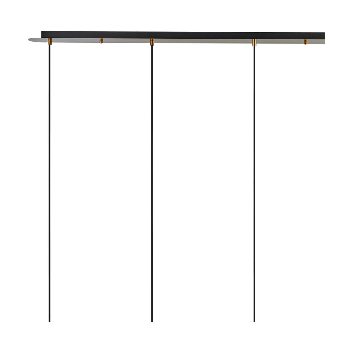 4 Light Pendant, 1.2m long bar in antique gold with four black cables and gold connectors suspending the fittings, shown on a plain white background.