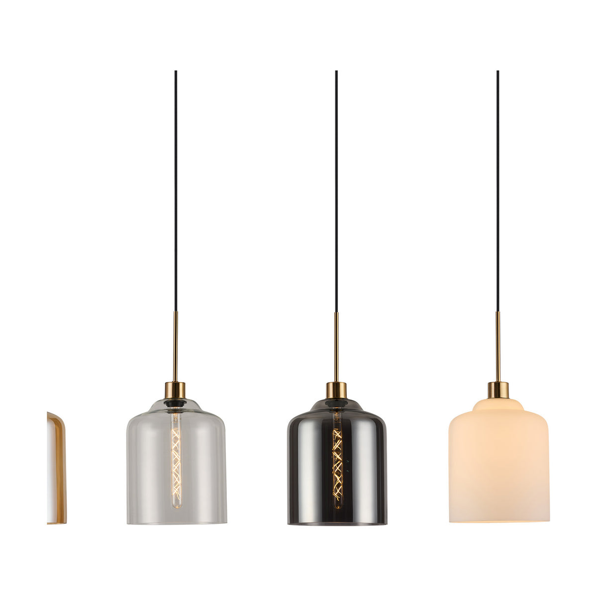 Four-light pendant cluster on antique gold fittings with individually adjustable drops in clear, smoked, and opal glass cylinder shades, shown against a plain white background.