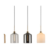 Four-light pendant cluster on antique gold fittings with individually adjustable drops in clear, smoked, and opal glass cylinder shades, shown against a plain white background.