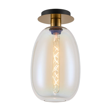 Lori Flush Ceiling Light with an iridescent glass shade and E27 bulb, mounted on a round antique gold and black ceiling plate, shown on a plain white background.