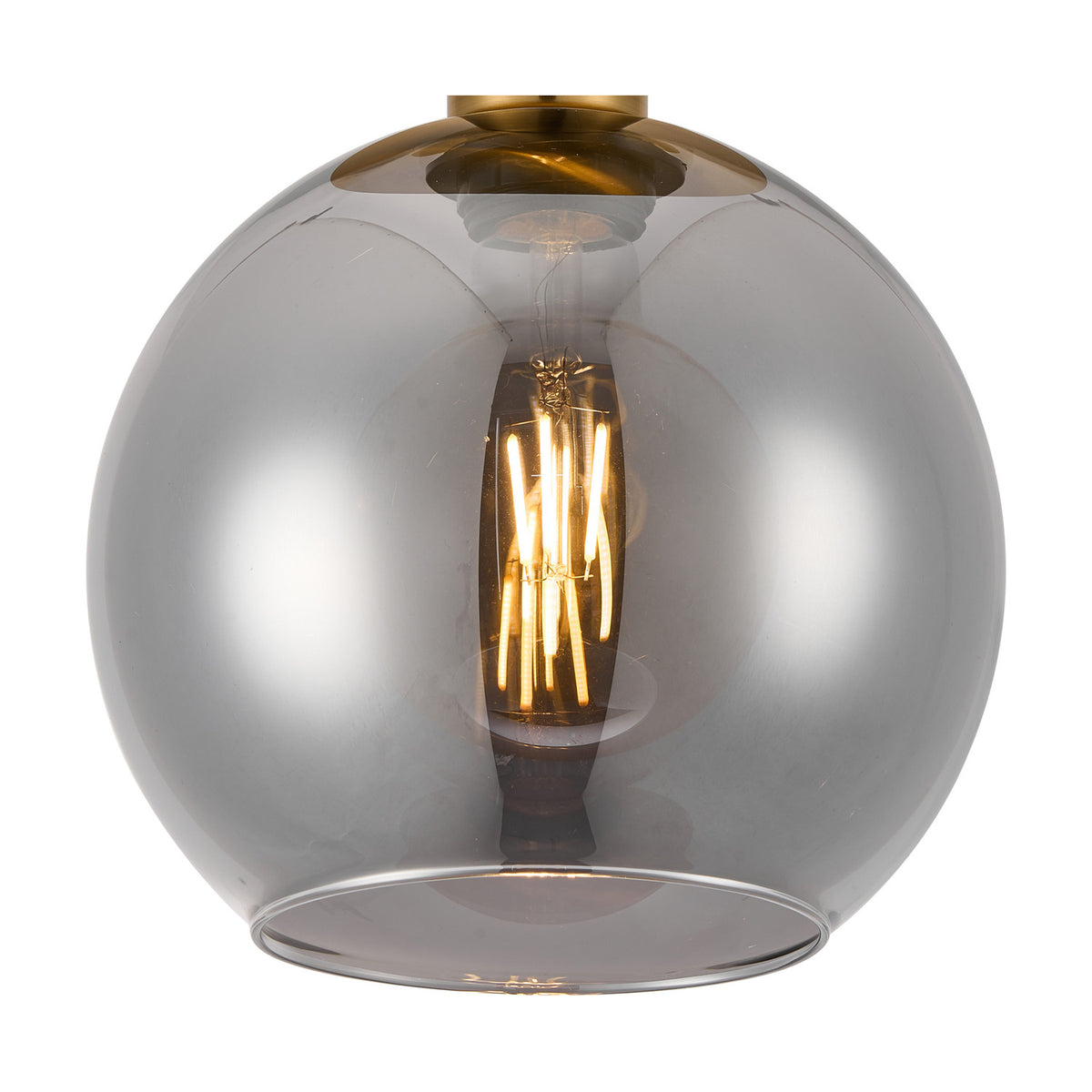 Lori E27 flush ceiling light with a 15cm smoke-tinted glass globe shade, antique gold ceiling plate, and visible filament bulb, shown against a plain white background.