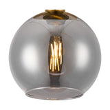 Lori E27 flush ceiling light with a 15cm smoke-tinted glass globe shade, antique gold ceiling plate, and visible filament bulb, shown against a plain white background.