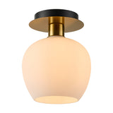 Lori Round Flush Ceiling Light in 15cm opal glass with a wine-glass curved shade, antique gold ceiling mount and fitting, shown against a plain white background.