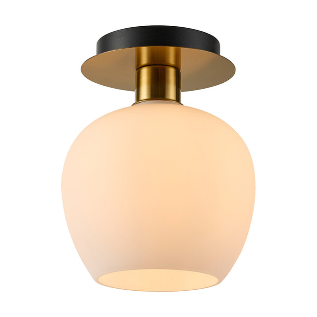 Lori Round Flush Ceiling Light in 15cm opal glass with a wine-glass curved shade, antique gold ceiling mount and fitting, shown against a plain white background.