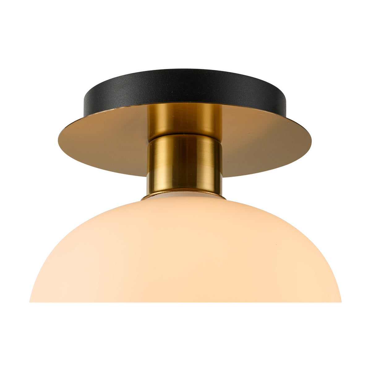 Close-up of the Lori Round Flush Ceiling Light 15cm in Opal and Antique Gold, showing the black ceiling plate, brass fitting, and curved opal glass shade against a white background.