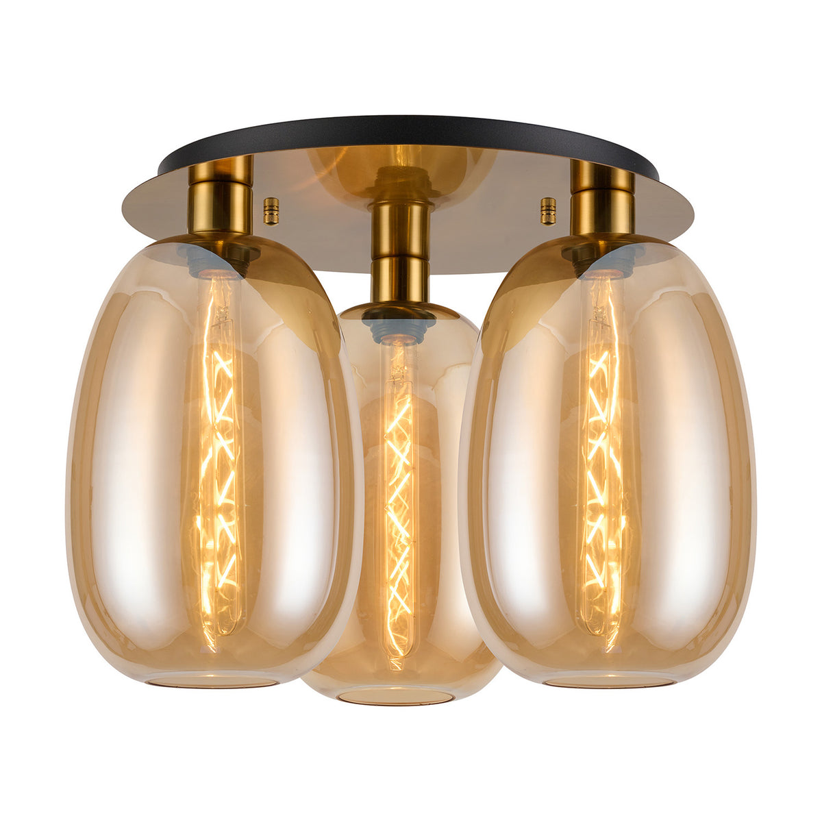 Lori 3 Light E27 Amber Glass Ceiling Light 40cm in Antique Gold, three curved amber glass shades with visible filament bulbs on a round black and gold ceiling plate, shown on a white background.