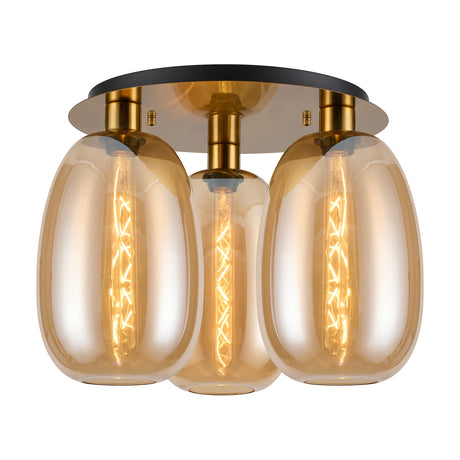 Lori 3 Light E27 Amber Glass Ceiling Light 40cm in Antique Gold, three curved amber glass shades with visible filament bulbs on a round black and gold ceiling plate, shown on a white background.