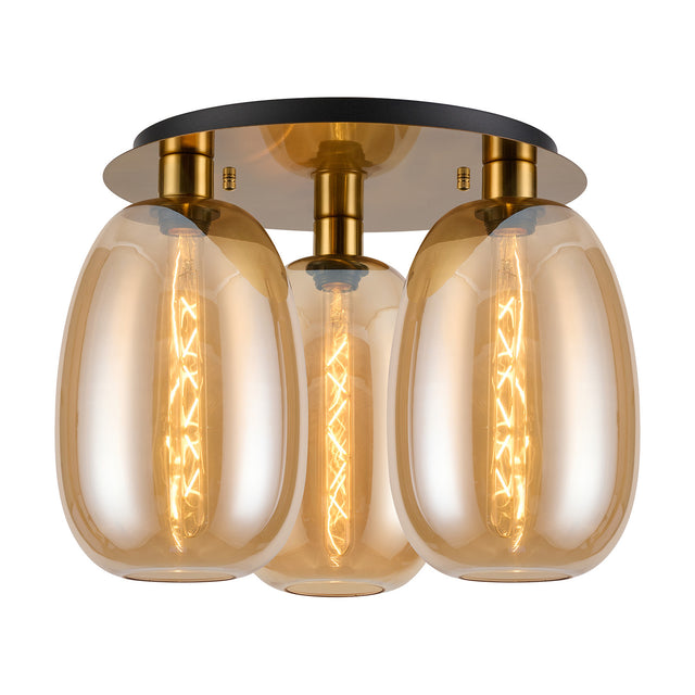 Lori 3 Light E27 Amber Glass Ceiling Light 40cm in Antique Gold, three curved amber glass shades with visible filament bulbs on a round black and gold ceiling plate, shown on a white background.