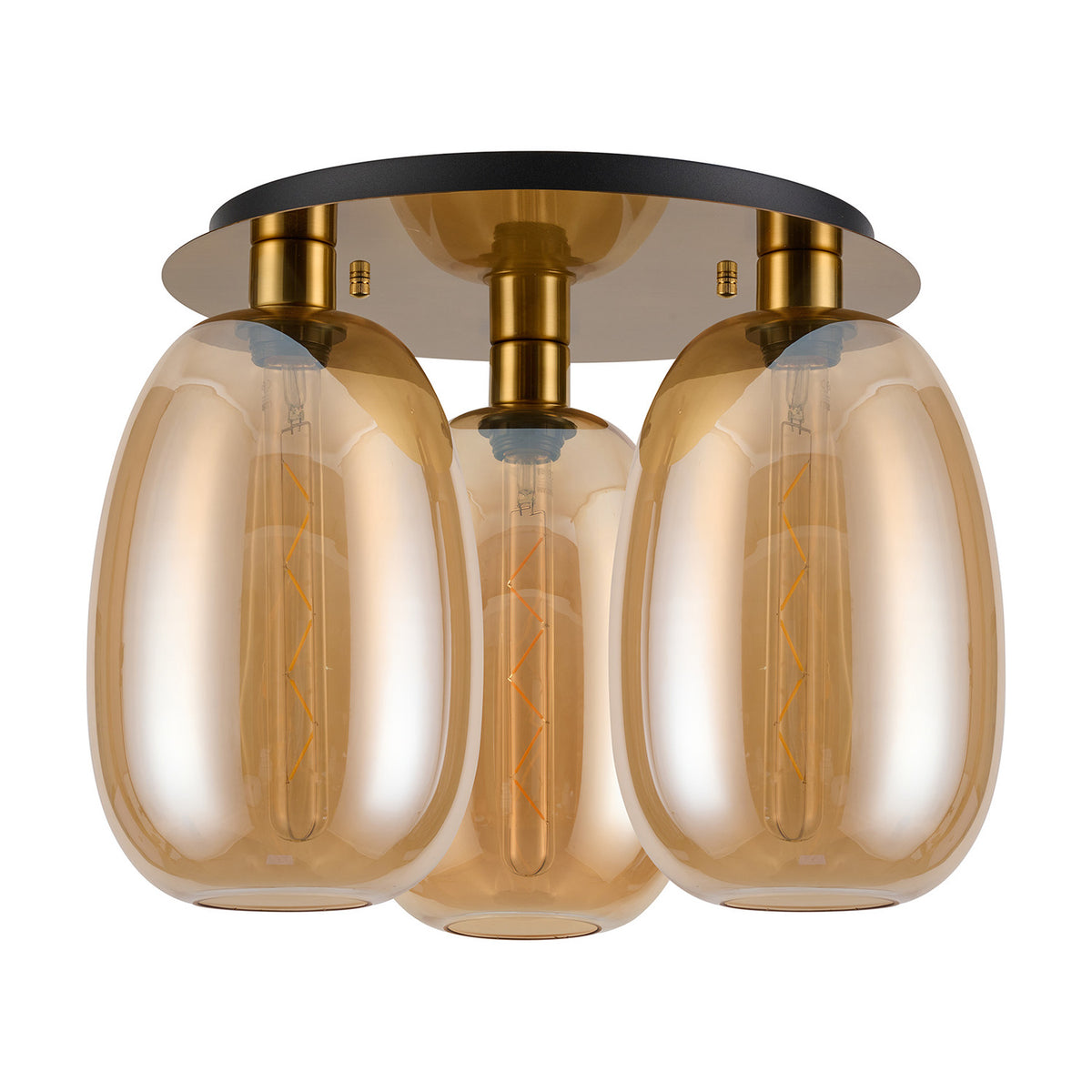Lori 3 Light E27 Amber Glass Ceiling Light 40cm, semi-flush fitting with round antique gold plate and three curved amber glass shades, shown on a plain white background.