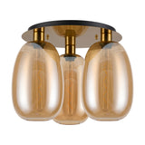 Lori 3 Light E27 Amber Glass Ceiling Light 40cm, semi-flush fitting with round antique gold plate and three curved amber glass shades, shown on a plain white background.