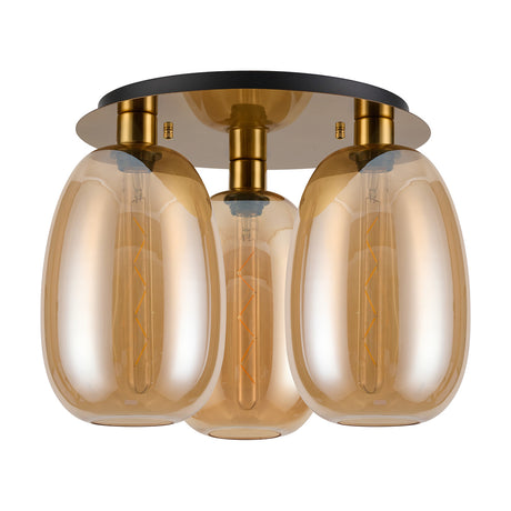 Lori 3 Light E27 Amber Glass Ceiling Light 40cm, semi-flush fitting with round antique gold plate and three curved amber glass shades, shown on a plain white background.
