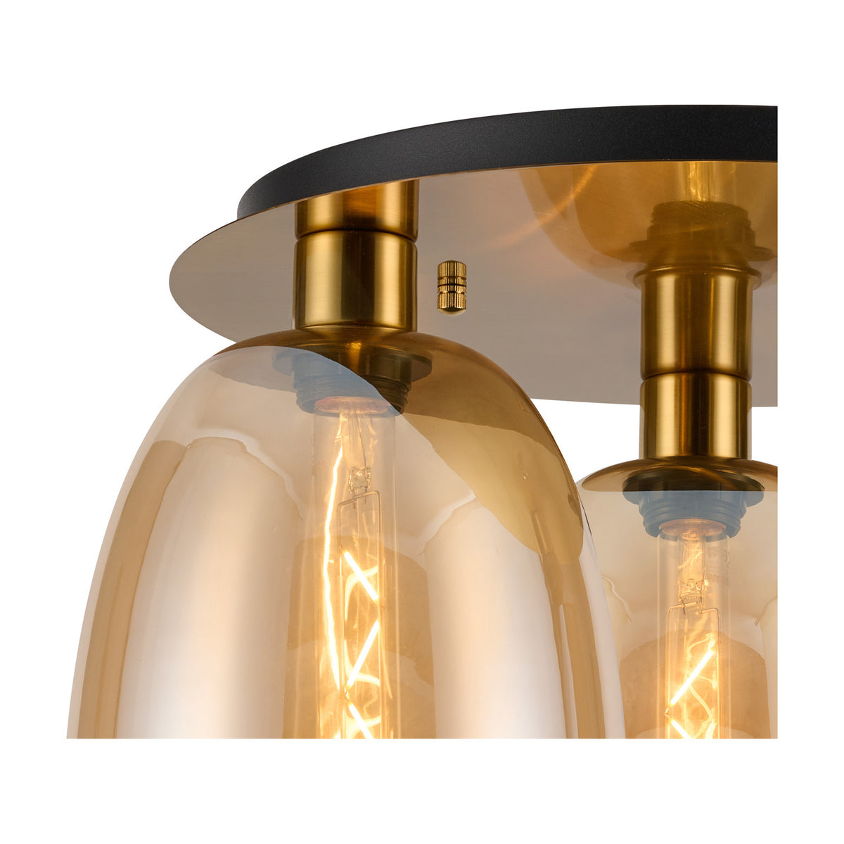 Close-up of the Lori 3 Light E27 Amber Glass Ceiling Light showing curved amber glass shades, antique gold fittings, and a round black ceiling plate with visible bulbs.