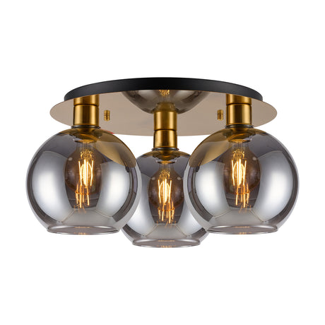 Lori 3 Light E27 Flush Ceiling Light, 40cm, with three round smoke glass globe shades on an antique gold ceiling plate, shown on a plain white background.
