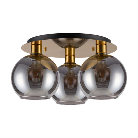 Lori 3 Light E27 Flush Ceiling Light, 40cm, with three round smoke glass globe shades on antique gold fittings and a matching round ceiling plate, shown on a plain white background.