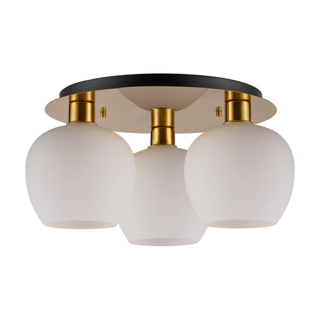 Lori 3 Light Round Flush Ceiling Light, 40cm, with three opal glass globe shades on antique gold fittings and a black round ceiling plate, shown on a white background.