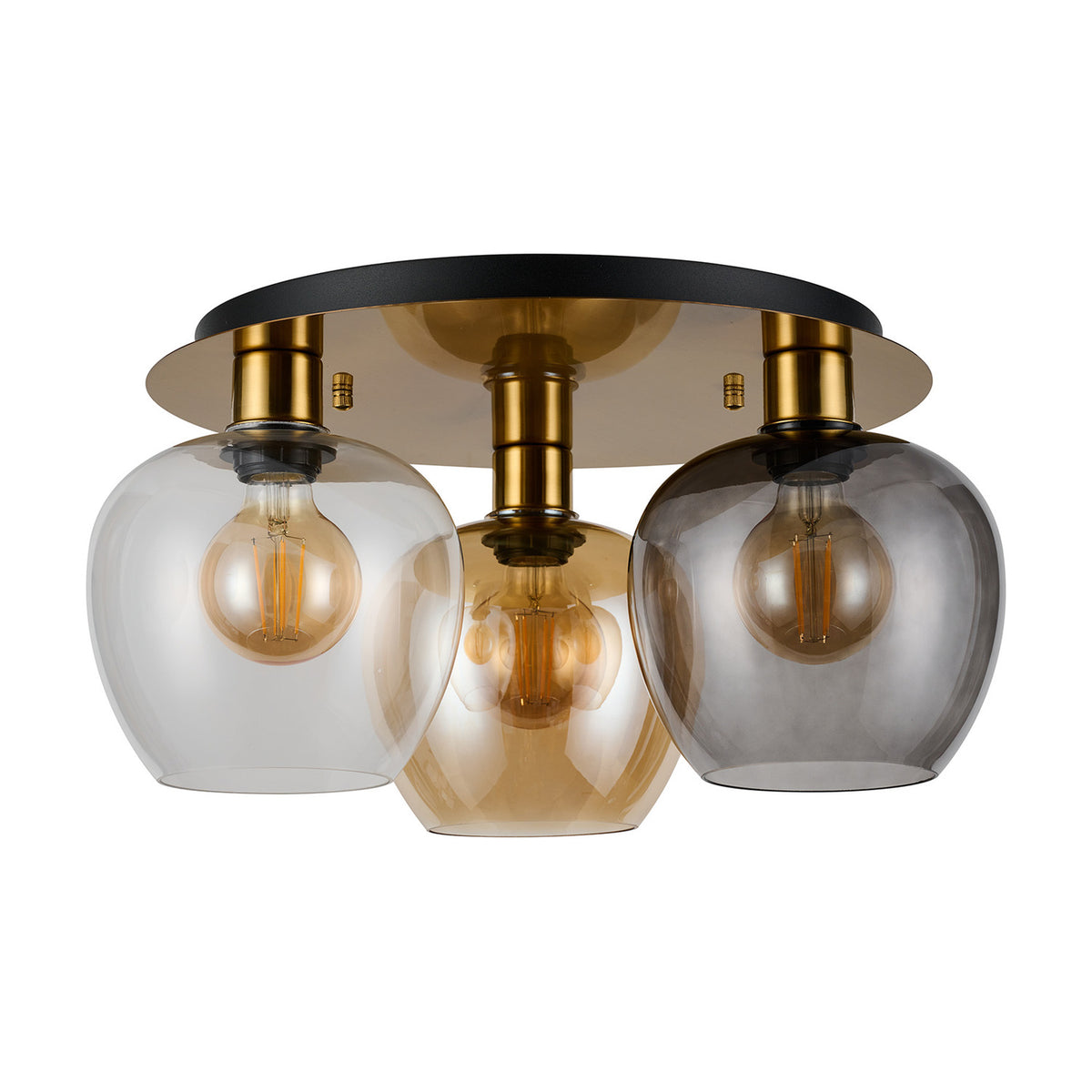 Lori 3-light flush ceiling light in antique gold with amber, clear, and smoke globe glass shades, filament bulbs, and a round black and gold ceiling plate.
