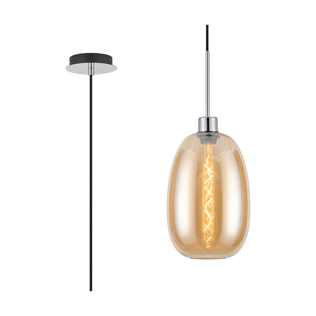 Lori Trapezium Glass Pendant Light in amber, 12cm, with polished chrome ceiling rose and cable, shown beside a lit view with visible filament bulb on a white background.