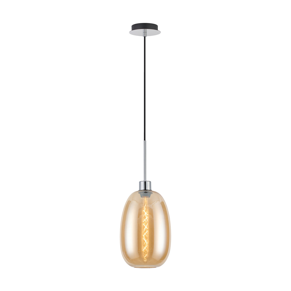 Lori Trapezium Glass Pendant Light in amber, 12cm curved shade with visible bulb, polished chrome cord and canopy, shown on a plain white background.